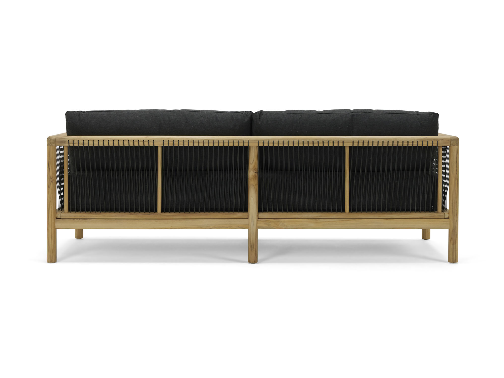 Back view of outdoor sofa with wood legs and black cushions